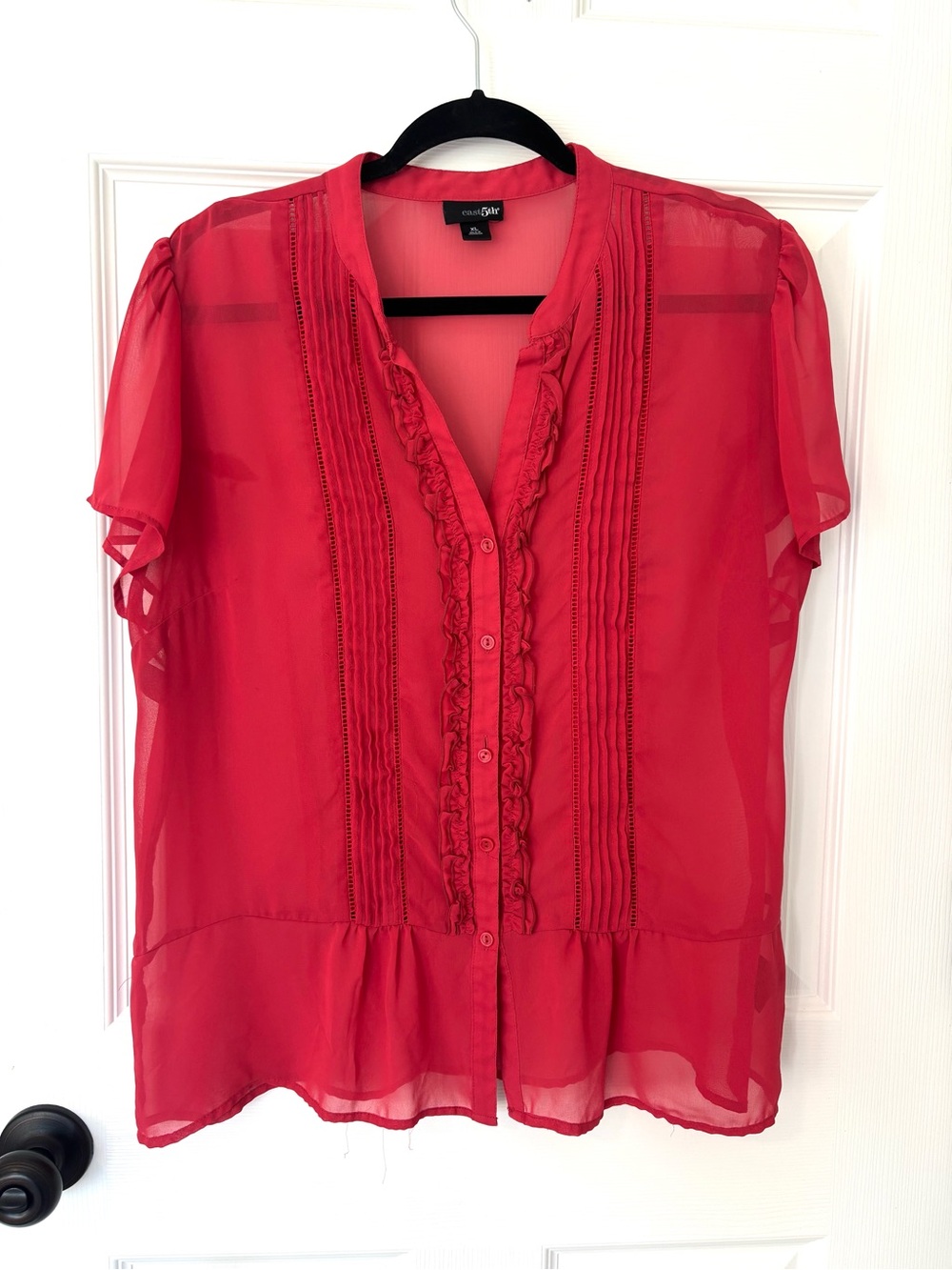 Red Sheer Ruffle Pintuck Button Front Blouse Romantic Boho Women’s XL Coquette